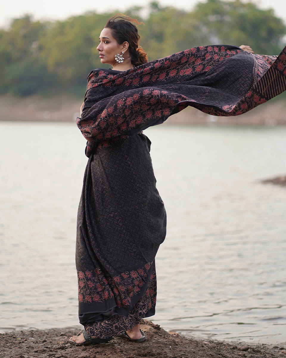 Rahi Black Block printed Modal Silk Saree - Jaisal