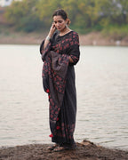 Rahi Black Block printed Modal Silk Saree - Jaisal