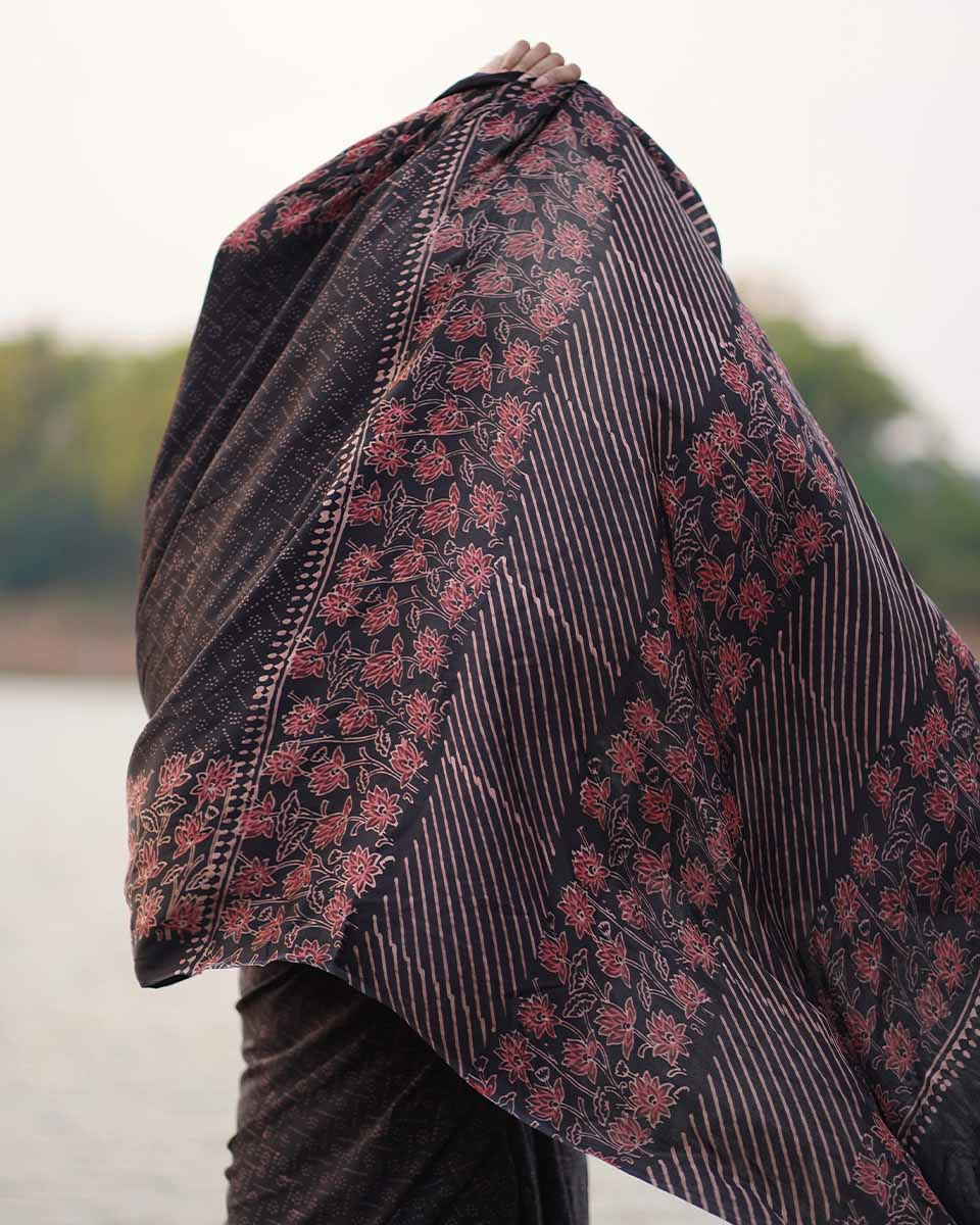 Rahi Black Block printed Modal Silk Saree - Jaisal