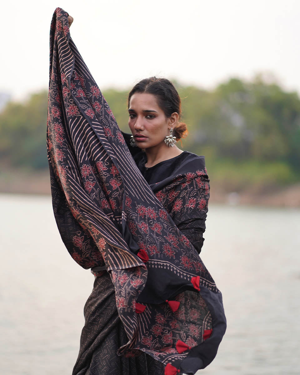 Rahi Black Block printed Modal Silk Saree - Jaisal