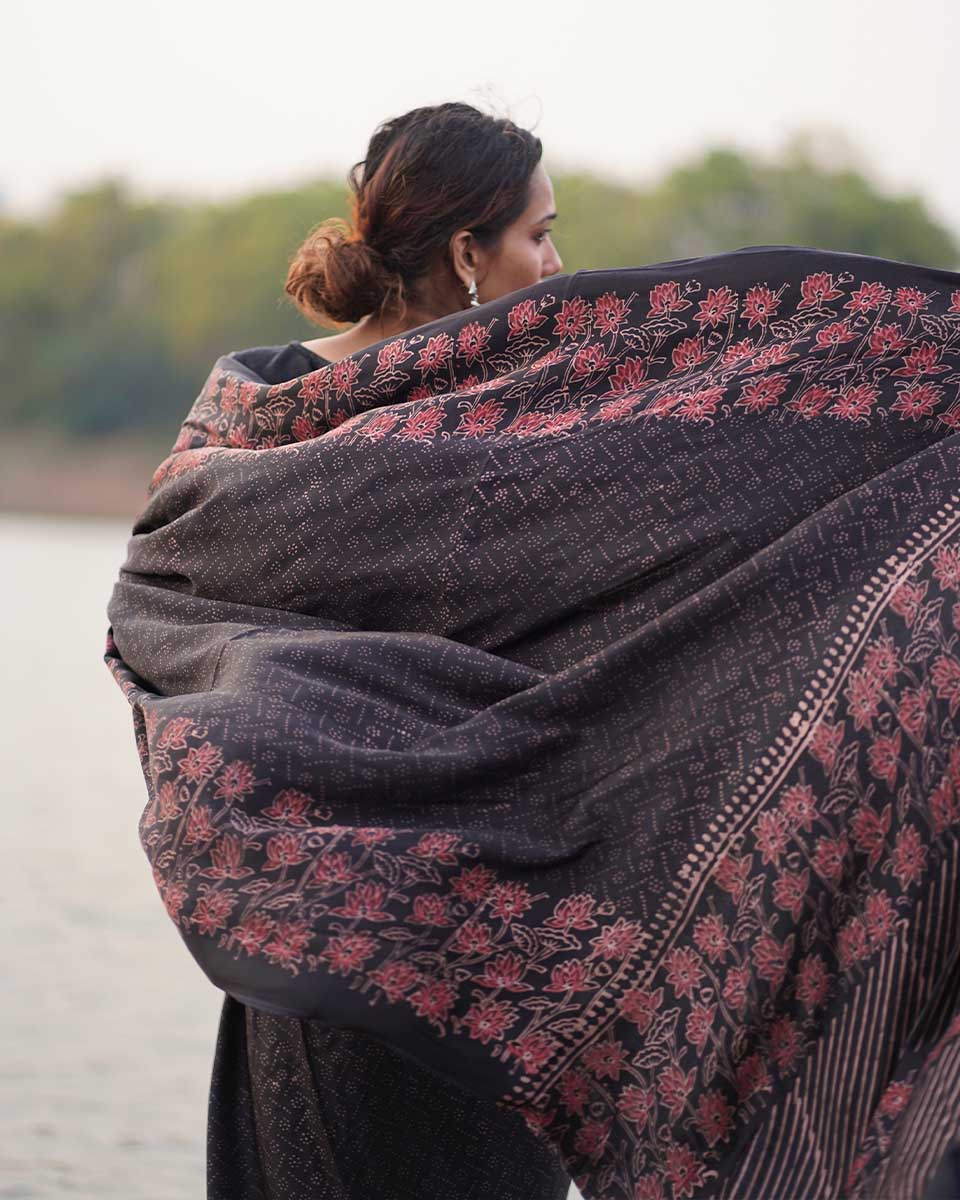 Rahi Black Block printed Modal Silk Saree - Jaisal