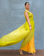 Quiet Wave Yellow Handblock Print Modal Silk Saree - Flow