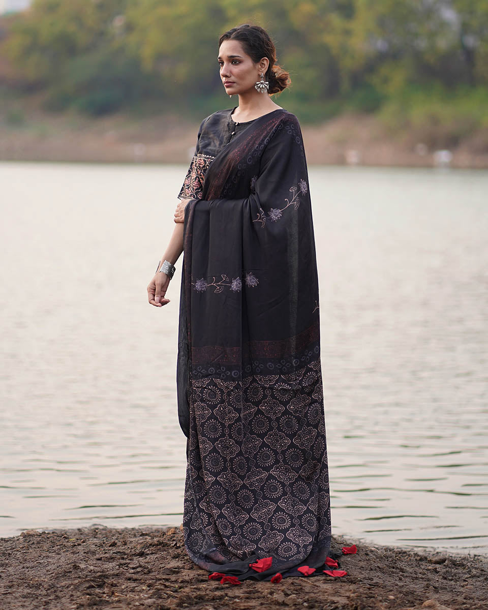 Ahima Black Block printed Modal Silk Saree - Jaisal