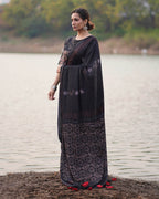 Ahima Black Block printed Modal Silk Saree - Jaisal
