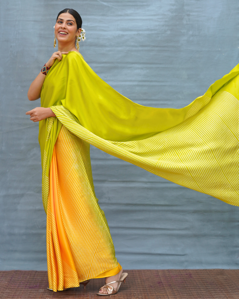 Quiet Wave Yellow Handblock Print Modal Silk Saree - Flow