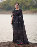 Ahima Black Block printed Modal Silk Saree - Jaisal