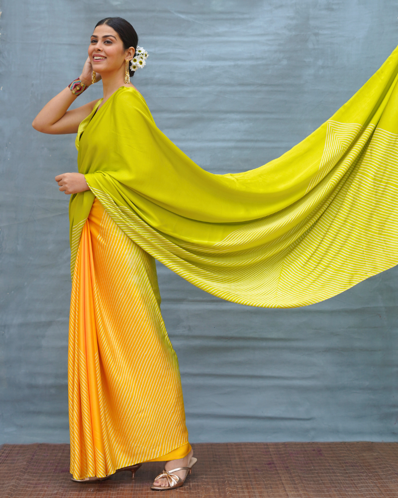 Quiet Wave Yellow Handblock Print Modal Silk Saree - Flow