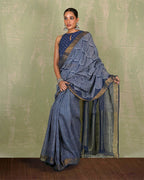 Malhari Blue Handblock Print Linen Saree - INDI