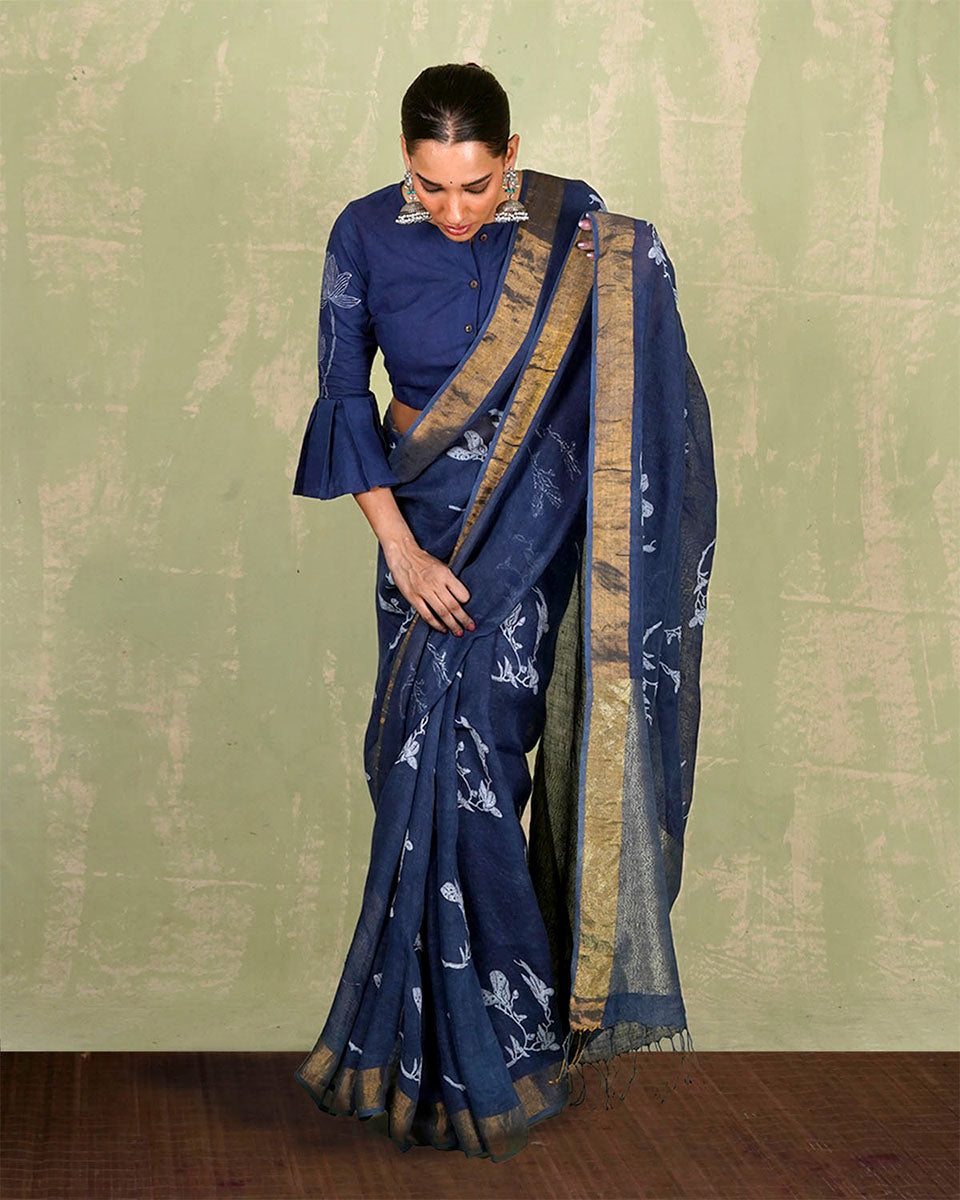 Purva Blue Handblock Print Linen Saree - INDI