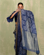 Rahi Blue Handblock Print Linen Saree - INDI