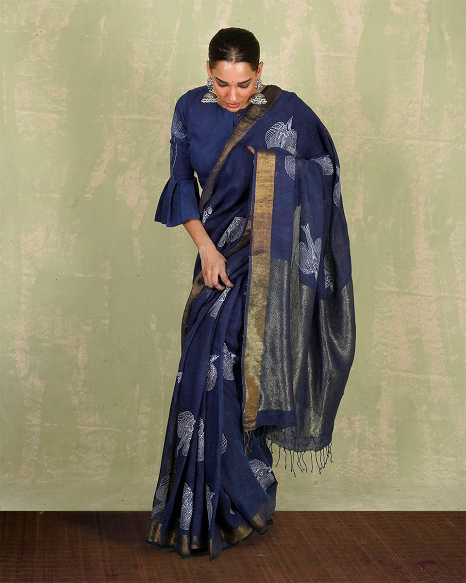 Rasiya Blue Handblock Print Linen Saree - INDI