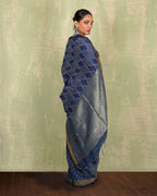 Sandhya Blue Handblock Print Linen Saree - INDI