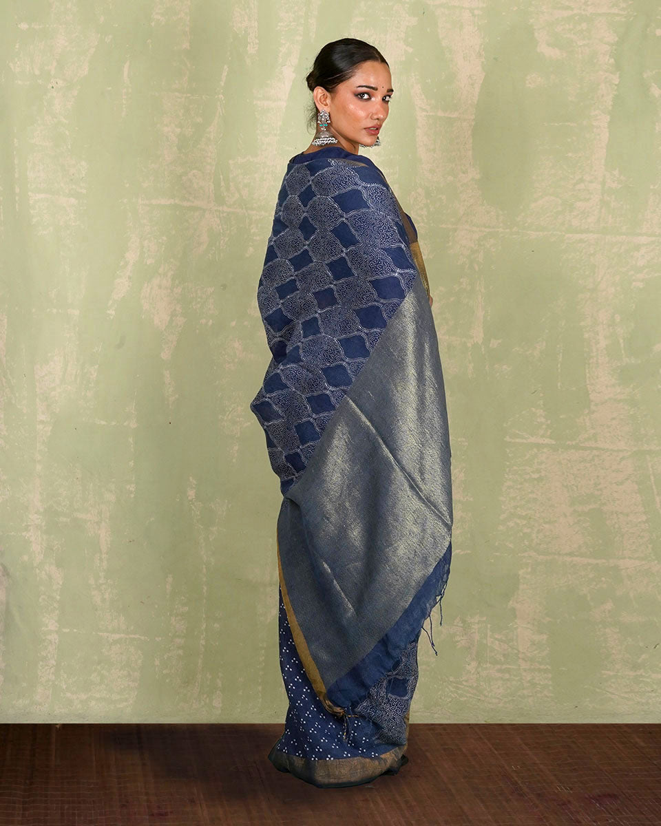 Sandhya Blue Handblock Print Linen Saree - INDI