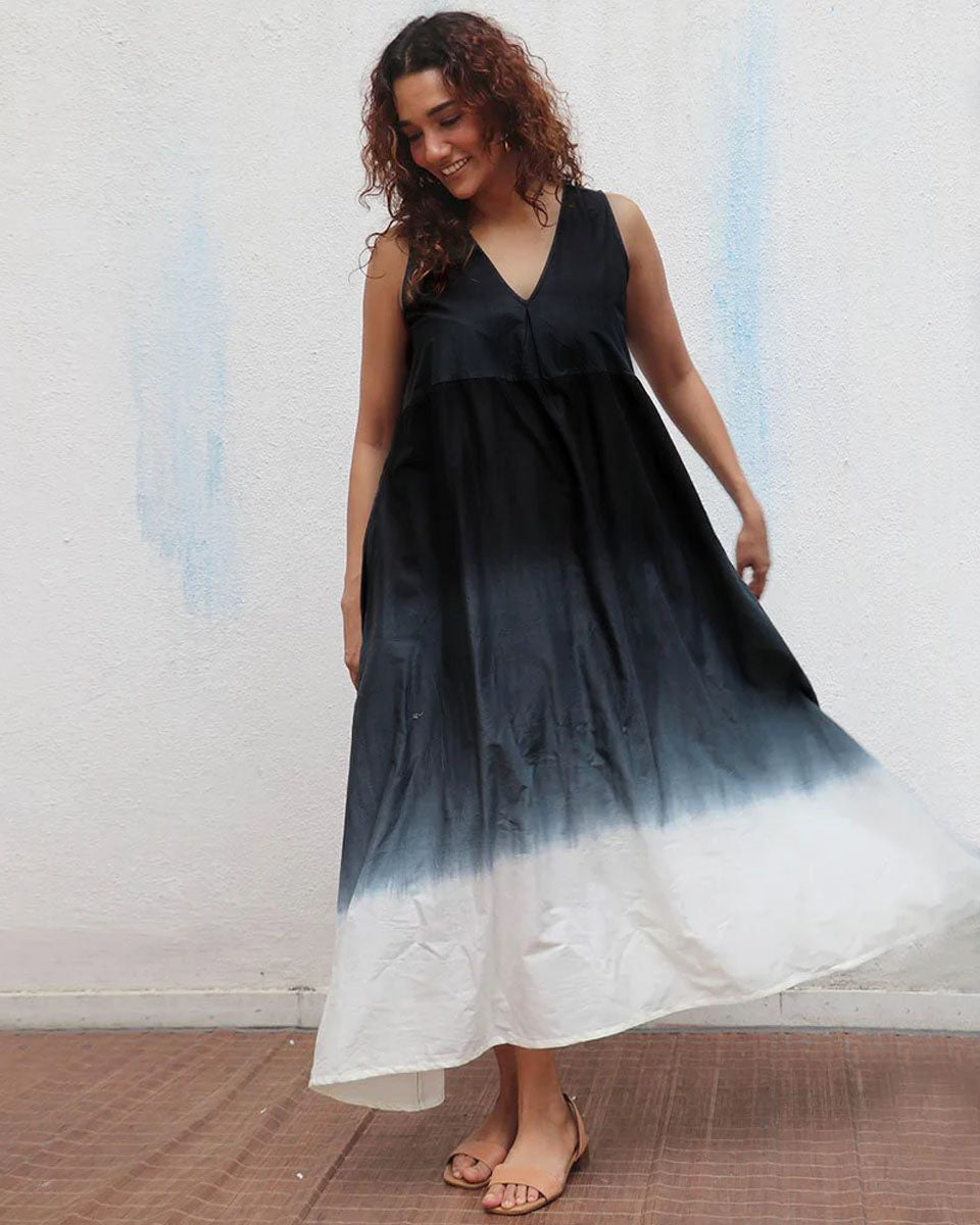 Blackberry Matcha Handblock Printed Cotton Dress - Mono