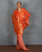 Meher Orange Handblock Linen Saree - TARA