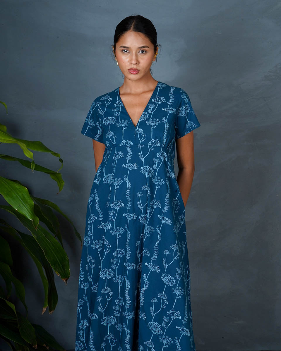 Charvi Teal Green Hand Block Printed Dress-MYA