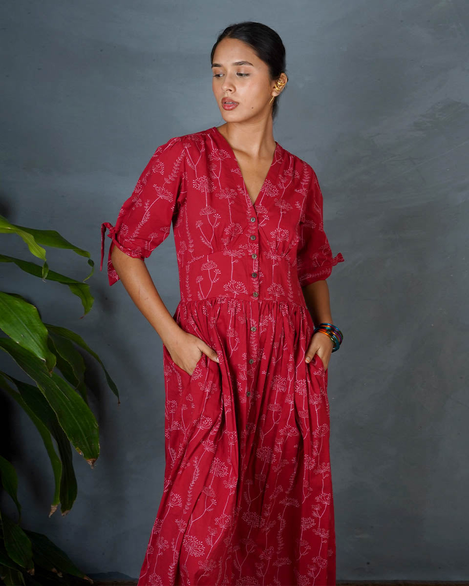 Saanjhika Red Hand Block Printed Dress-MYA