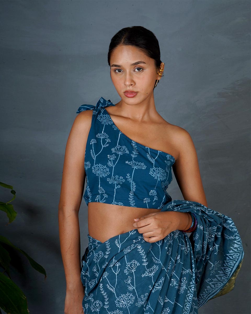 Inaya Teal Green Hand Block Printed Blouse-MYA