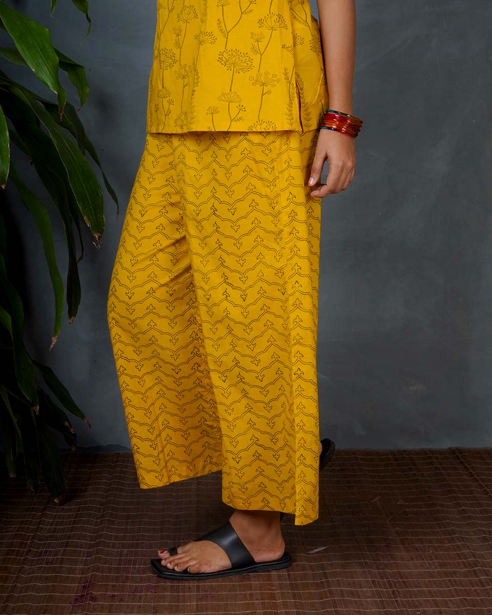 Rhea Yellow Hand Block Printed Bottom Pant-MYA