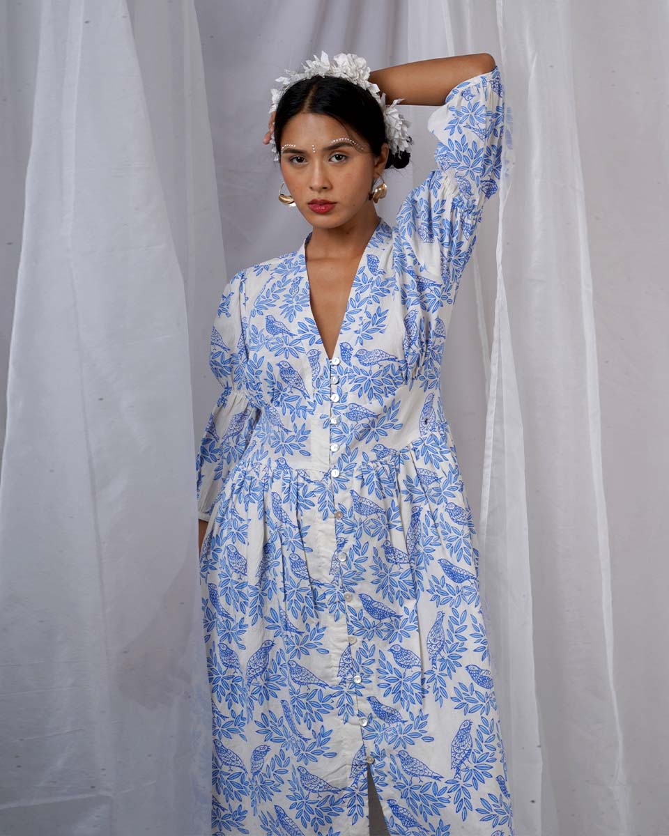 Neyra Ivory Blue Hand Block Printed Dress-BAD