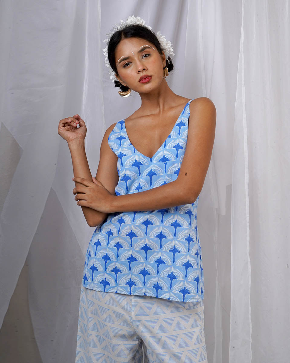Varsha Ivory Blue Hand Block Printed Top-BAD