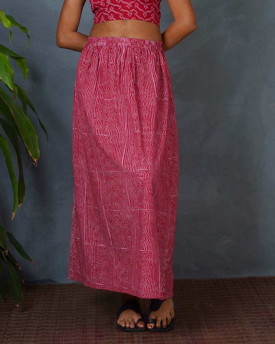 Saaya Red Hand Block Printed Skirt-MYA