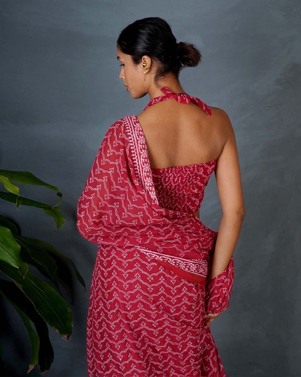 Roopika Red Hand Block Printed Saree-MYA