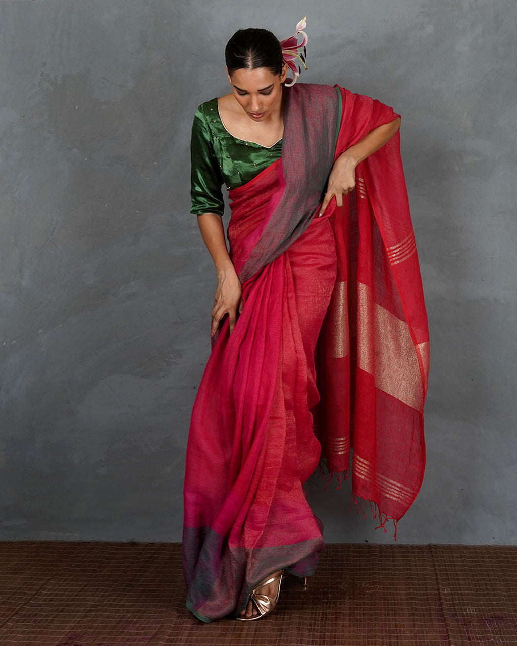 Glow Forward Red With Green Handwoven Linen Saree - TARA