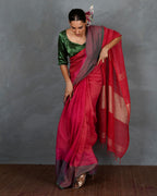 Glow Forward Red With Green Handwoven Linen Saree - TARA