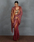 Urvi Maroon Handblock Linen Saree - TARA