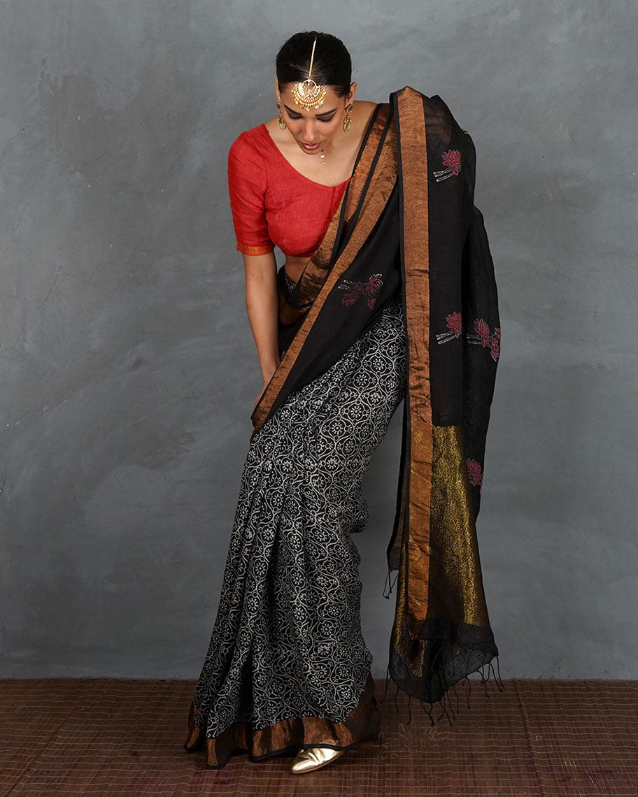 Tejasvi Black Handblock Linen Saree - TARA