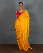 Roshni Yellow Handblock Linen Saree - TARA