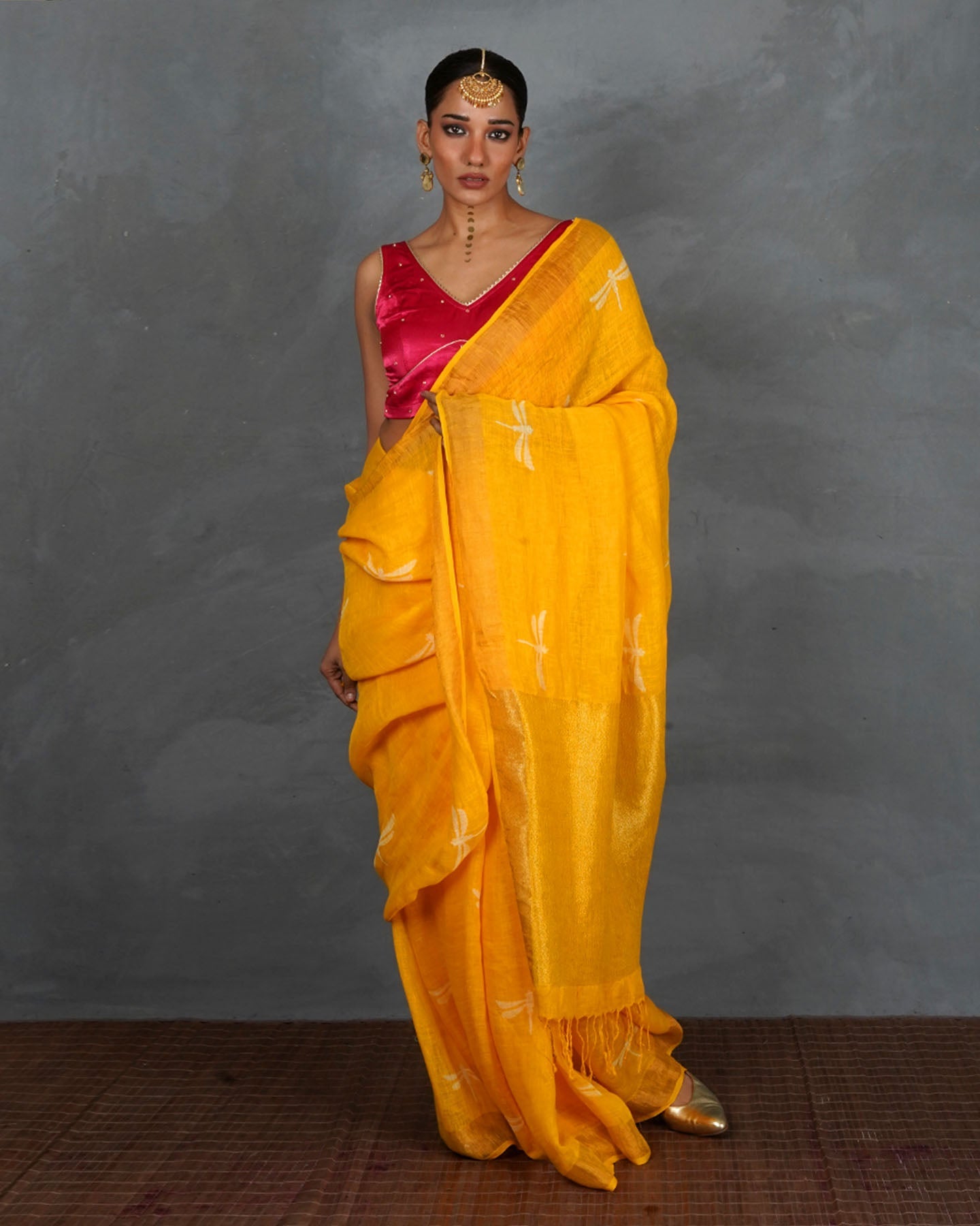 Roshni Yellow Handblock Linen Saree - TARA