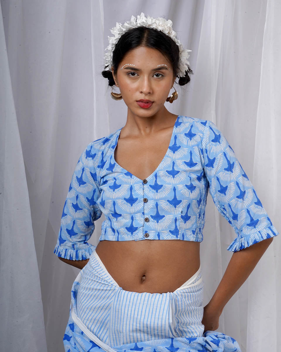 Diti Blue Hand Block Printed Blouse-BAD
