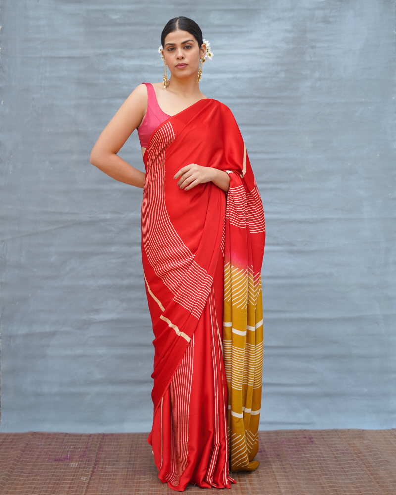 Gentle Fall Red Handblock Print Modal Silk Saree - Flow