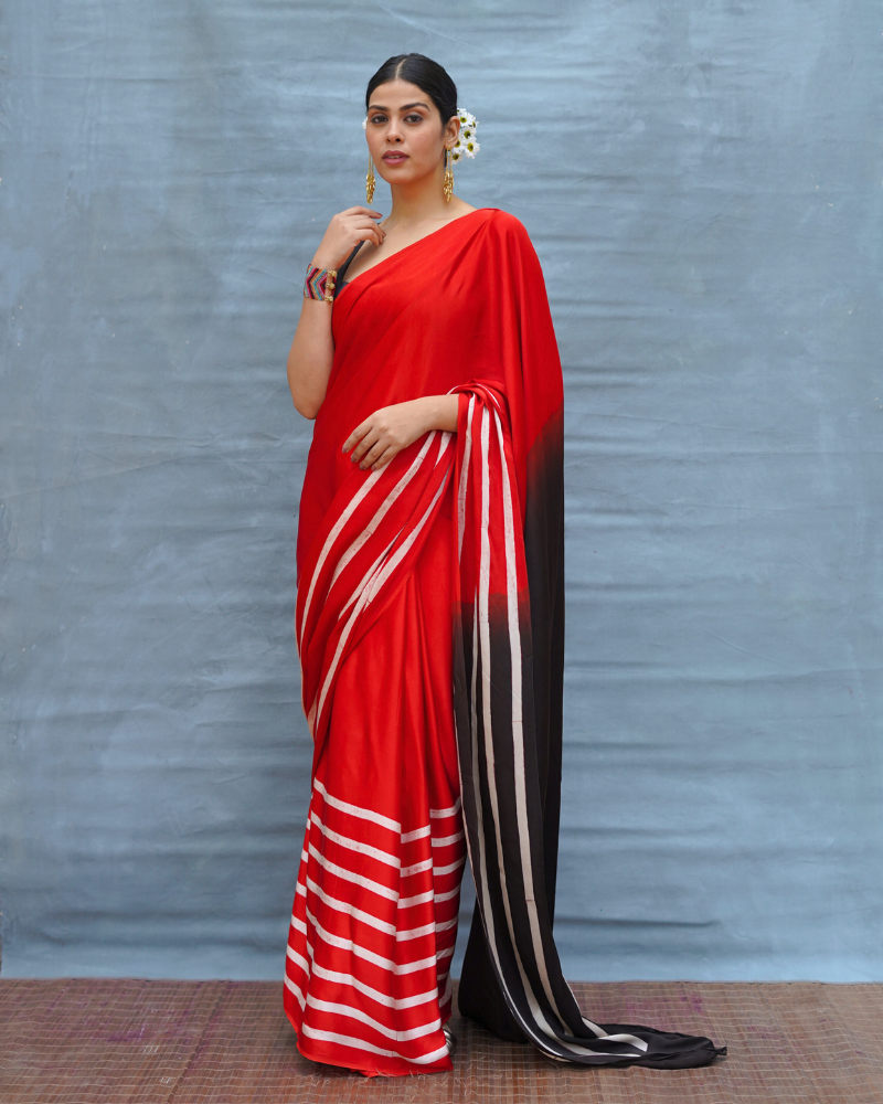 Soft Drift Red Handblock Print Modal Silk Saree - Flow