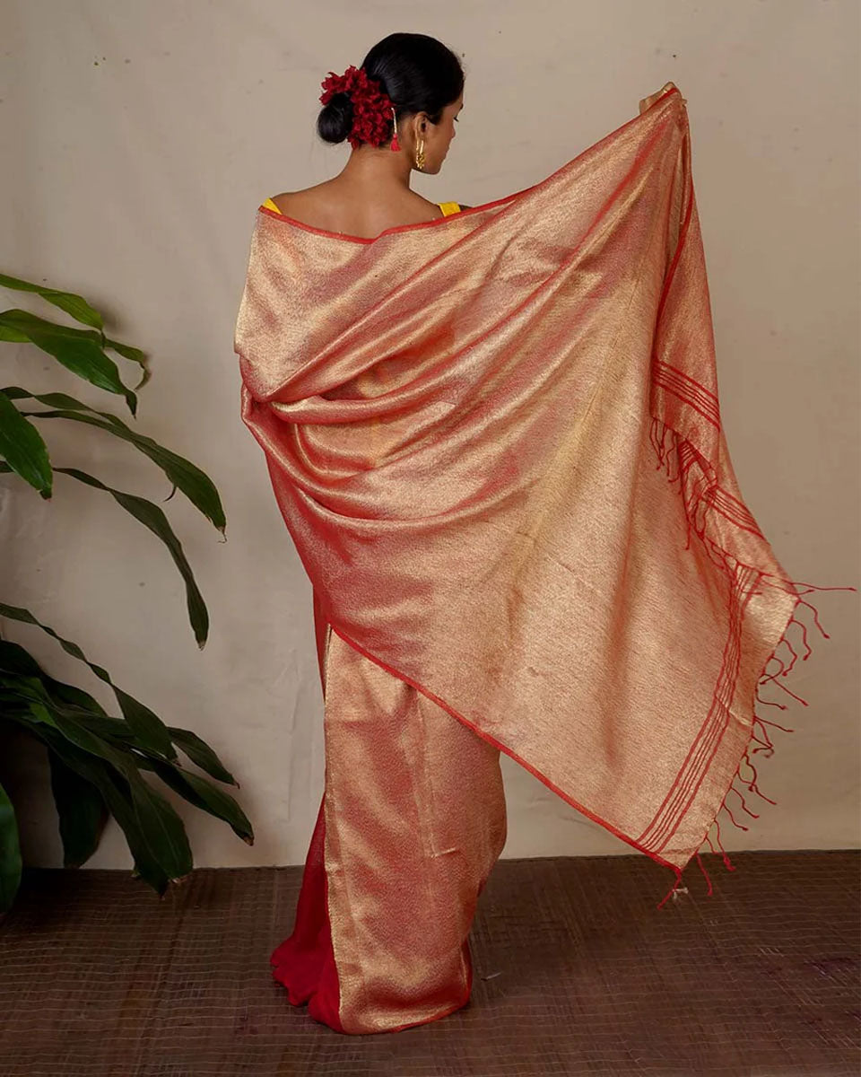 Abhati Red Handwoven Linen Zari Saree - Eknoor