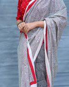 Vintage Poem Black & White Handblock Print Cotton Saree - MIS