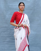 Moon & Mist Black & White Handblock Print Cotton Saree - MIS