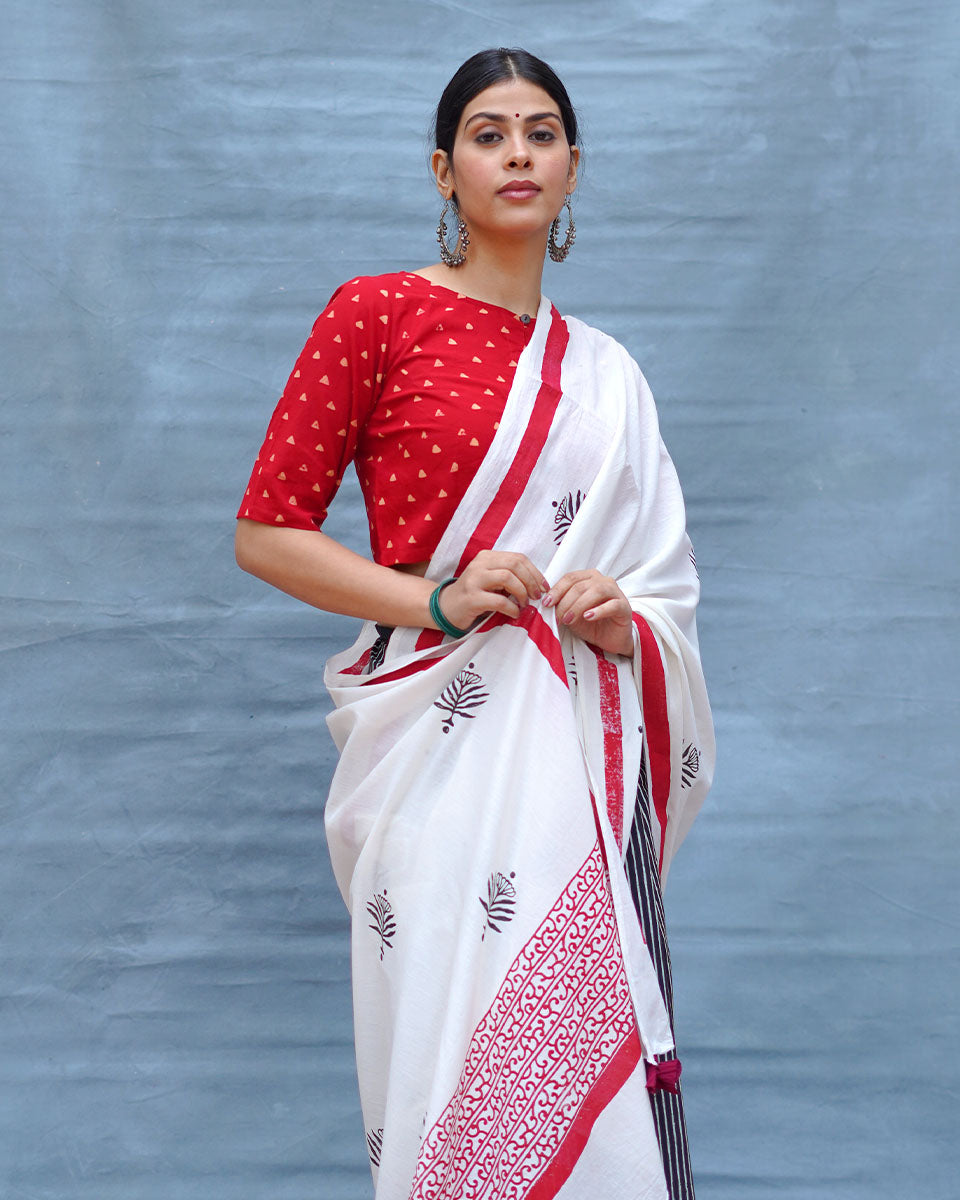 Moon & Mist Black & White Handblock Print Cotton Saree - MIS