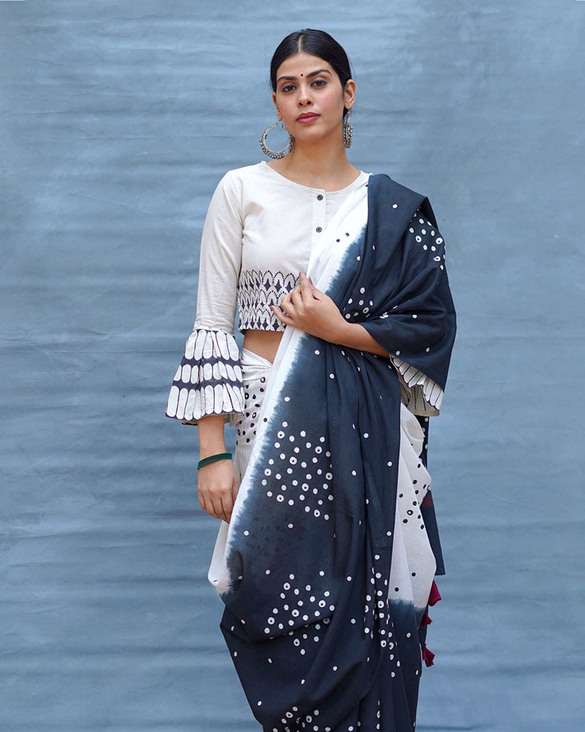 Colourblind Black & White Handblock Print Cotton Saree - MIS