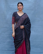 Binodini Black With Maroon Handblock Printed Cotton Saree - Soil