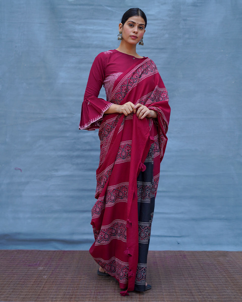 Labanya Maroon Handblock Printed Cotton Saree - Soil