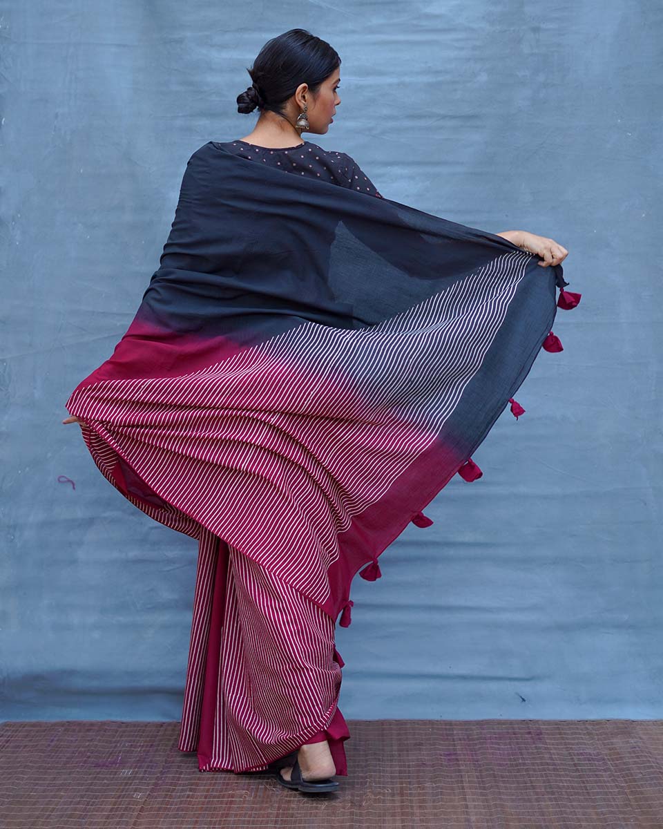 Bimala Black With Maroon Handblock Printed Cotton Saree - Soil