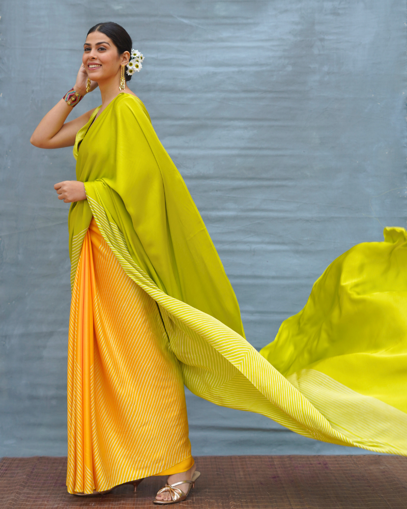 Quiet Wave Yellow Handblock Print Modal Silk Saree - Flow