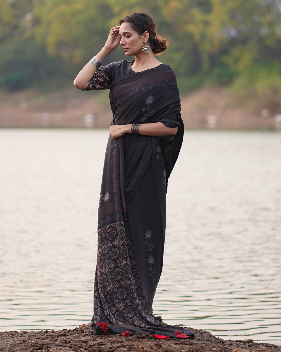 Ahima Black Block printed Modal Silk Saree - Jaisal