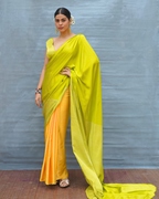 Quiet Wave Yellow Handblock Print Modal Silk Saree - Flow