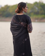 Ahima Black Block printed Modal Silk Saree - Jaisal