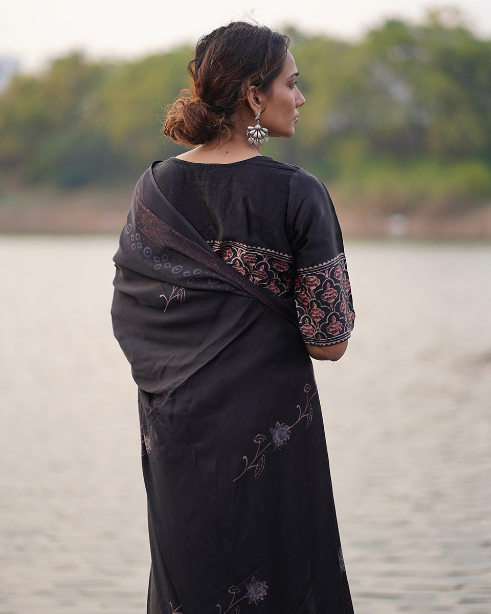 Ahima Black Block printed Modal Silk Saree - Jaisal