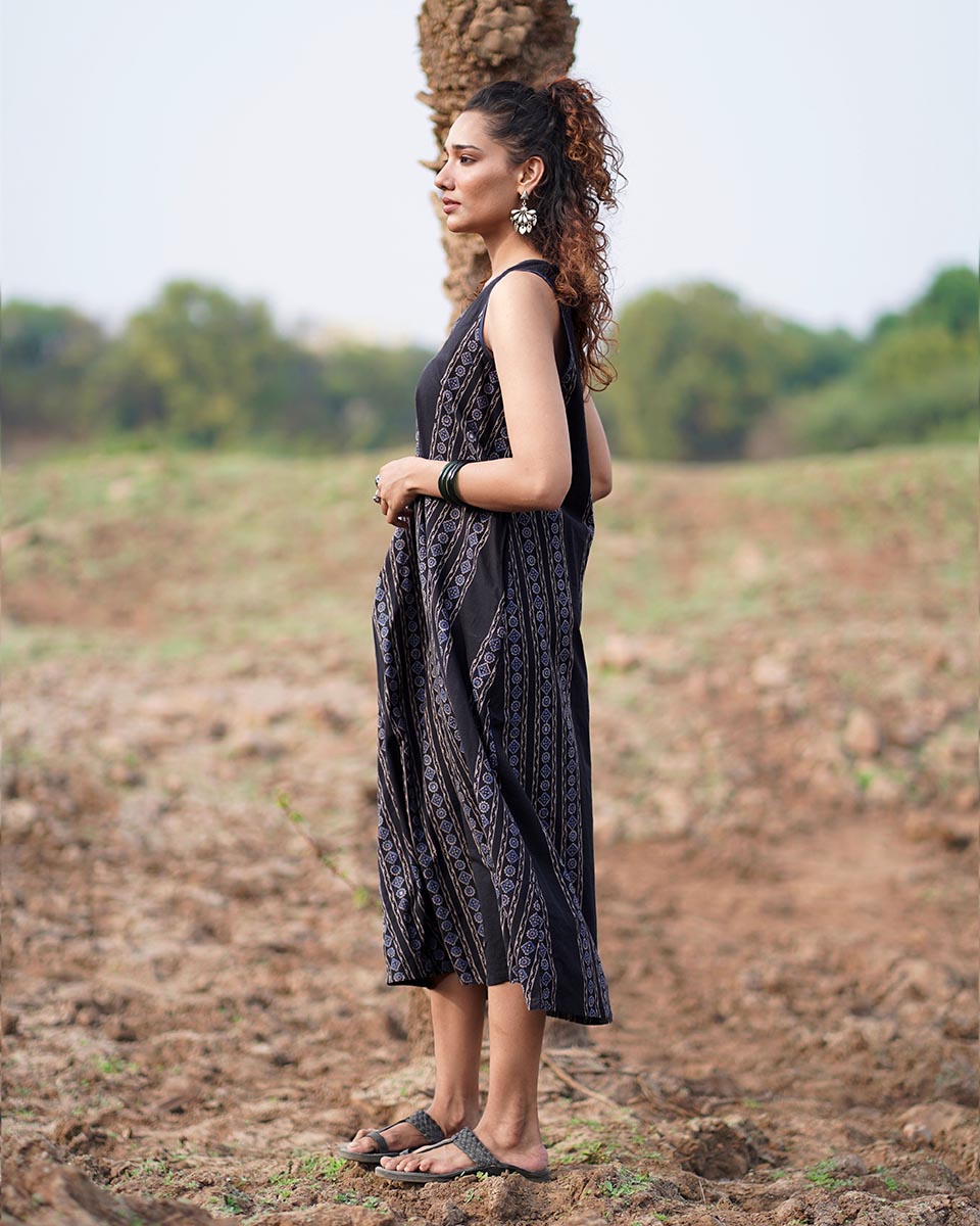 Floating Poems Blockprinted Cotton Dress-WWB